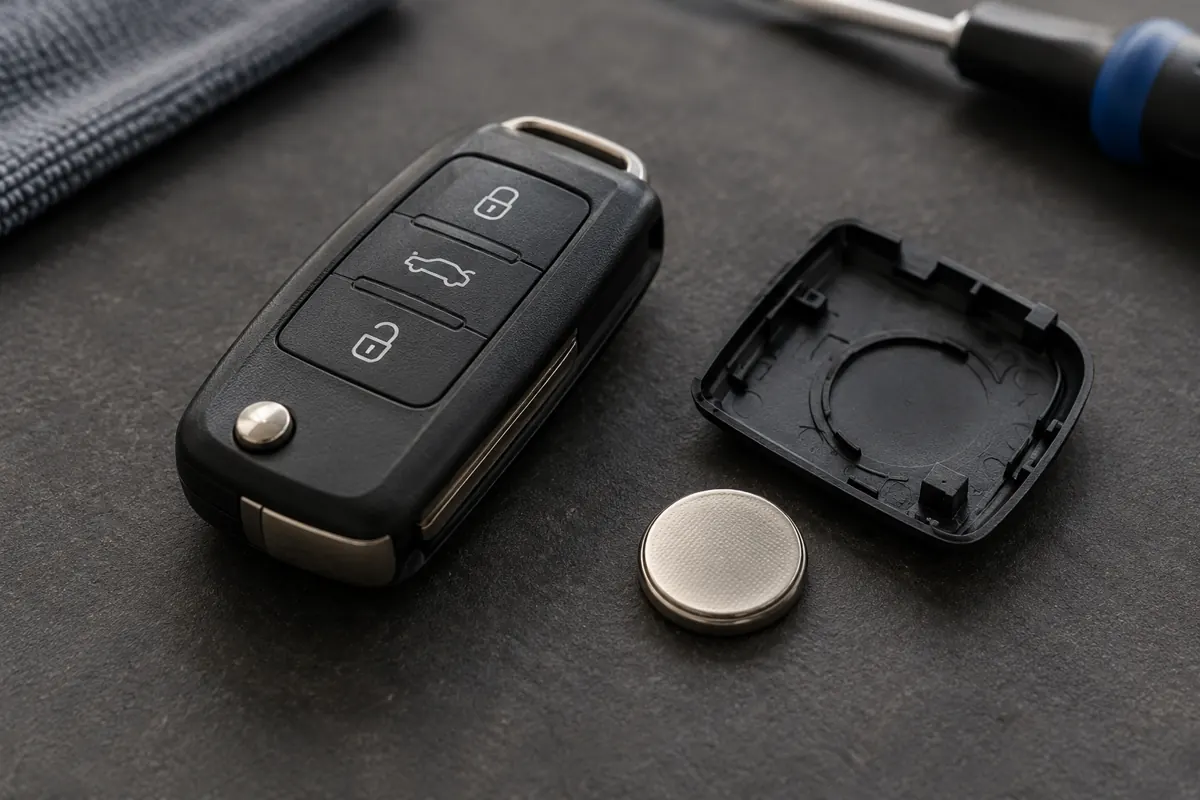 AI illustration of a remote car key beside a coin cell and battery cover.