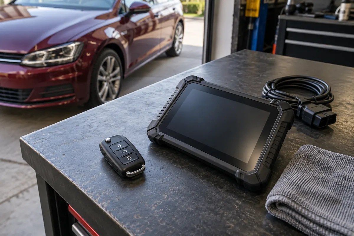 AI illustration of a car key and diagnostic tablet on a workshop bench.