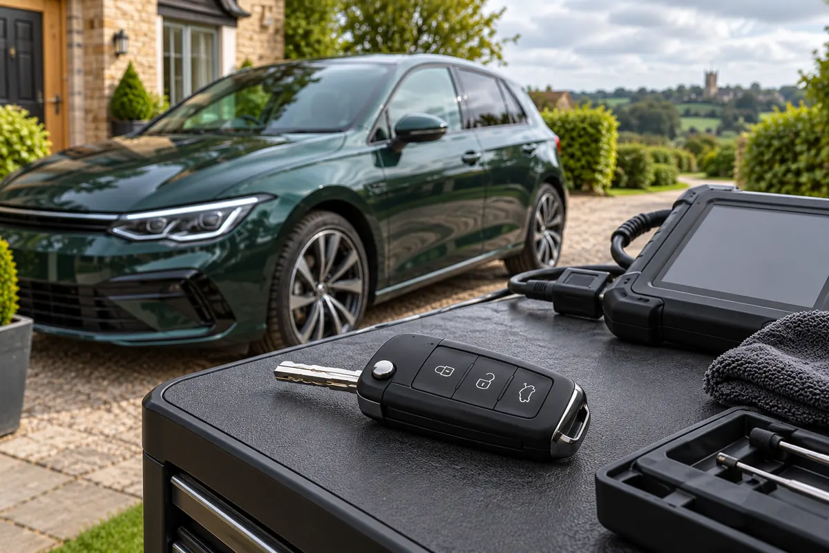 AI illustration of a car key and rugged diagnostic tablet with a parked hatchback behind.