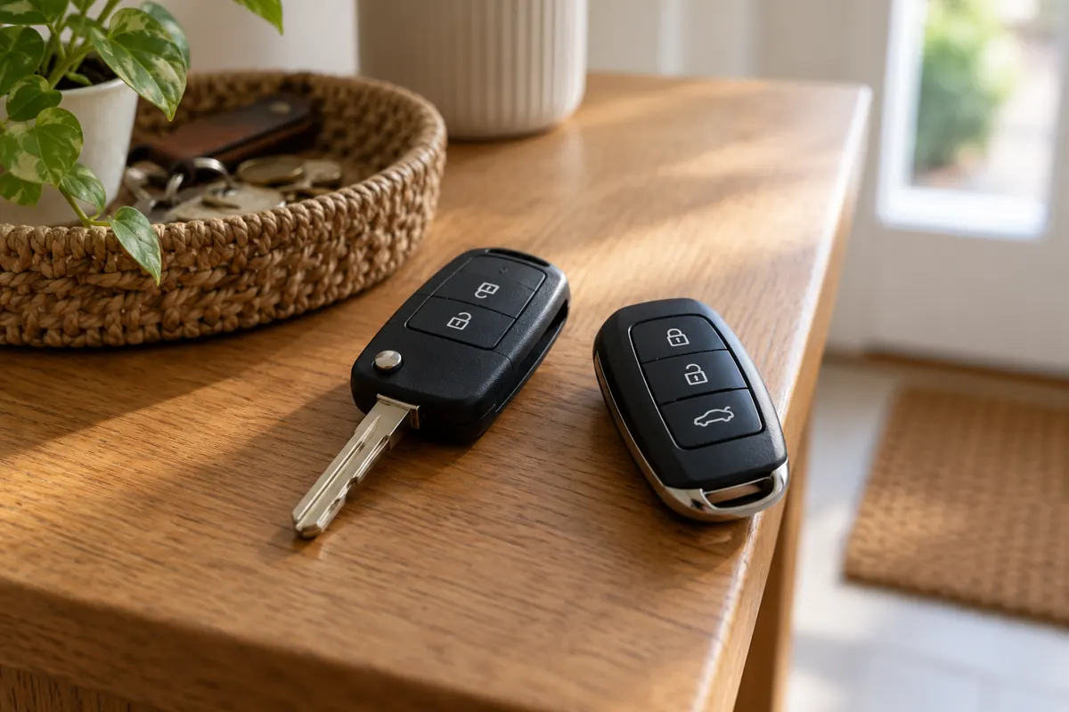 AI illustration of two different car remote keys on a wooden hallway table.