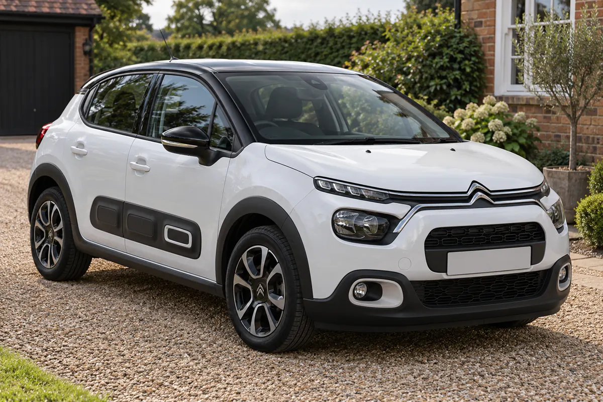AI illustration of an earlier-generation Citroen C3 hatchback on a driveway.