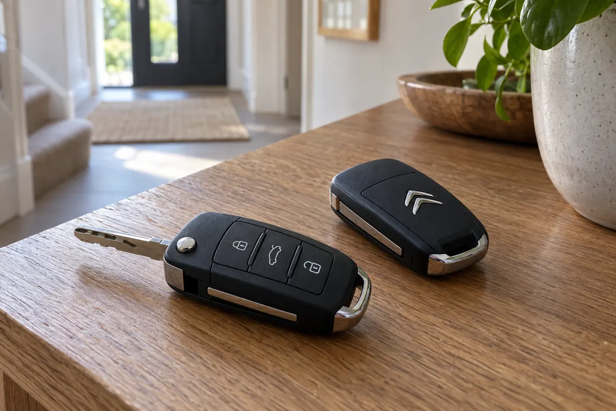 AI illustration of two Citroen remote keys on a wooden table.