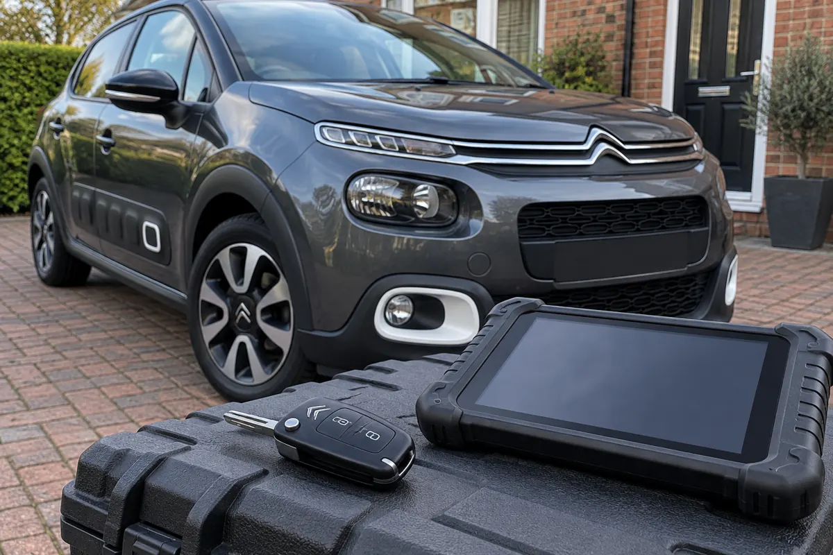 AI illustration of a Citroen C3 with a Citroen key and diagnostic tablet.