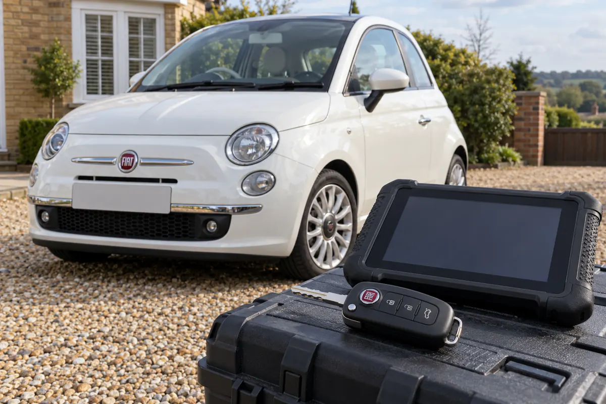 AI illustration of a Fiat 500 with a Fiat key and diagnostic tablet.