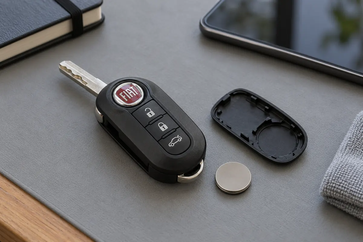 AI illustration of a Fiat remote key beside a battery cover and coin cell.