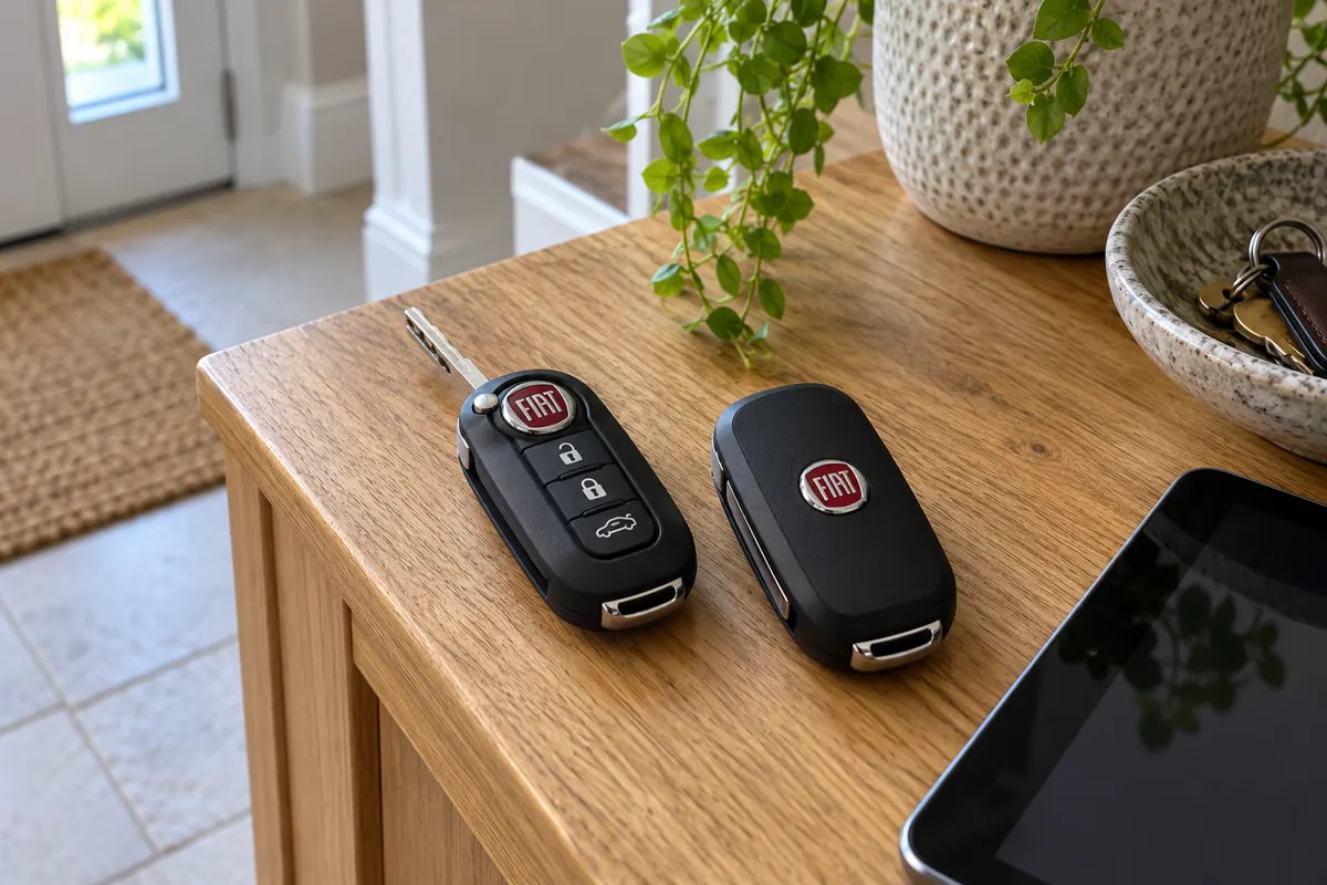 AI illustration of two Fiat remote keys on a wooden table.