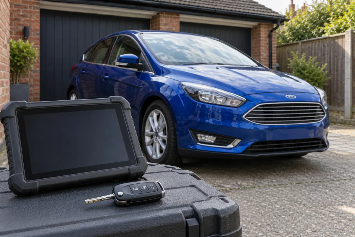 AI illustration of a Ford Focus with a Ford key and diagnostic tablet.