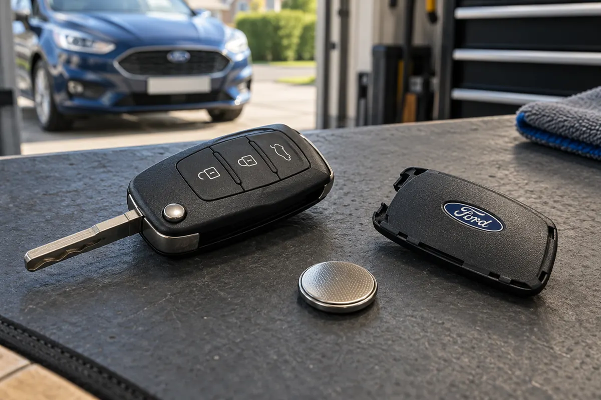 AI illustration of a Ford remote key beside a battery cover and coin cell.