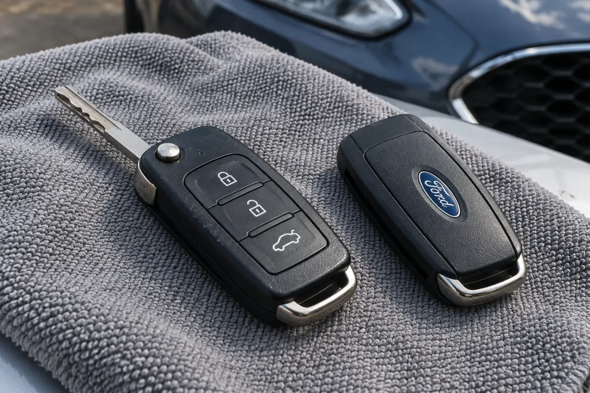 AI illustration of Ford remote-key buttons and a spare key on a cloth.