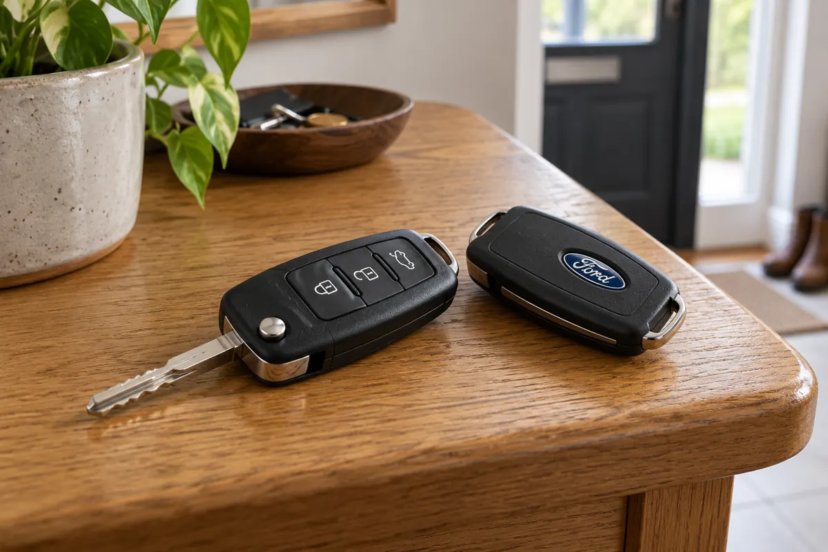 AI illustration of two Ford remote keys on a wooden table.