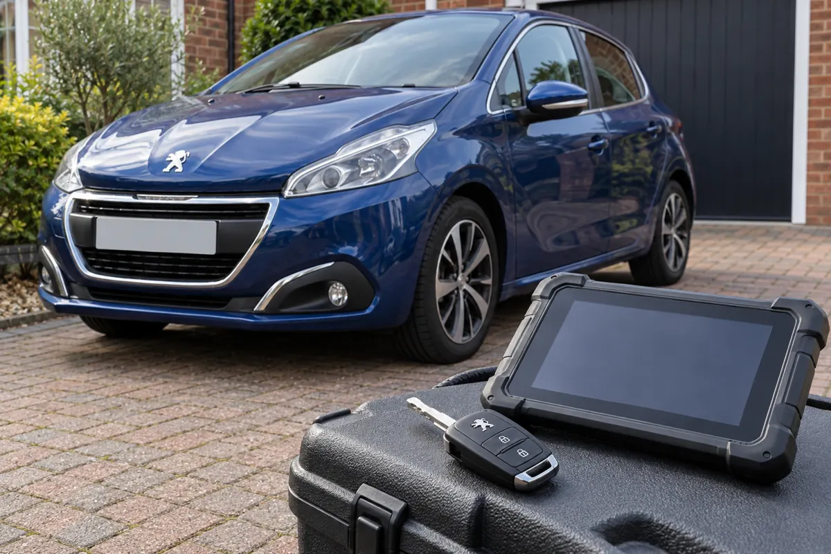 AI illustration of a Peugeot 208 with a Peugeot key and diagnostic tablet.
