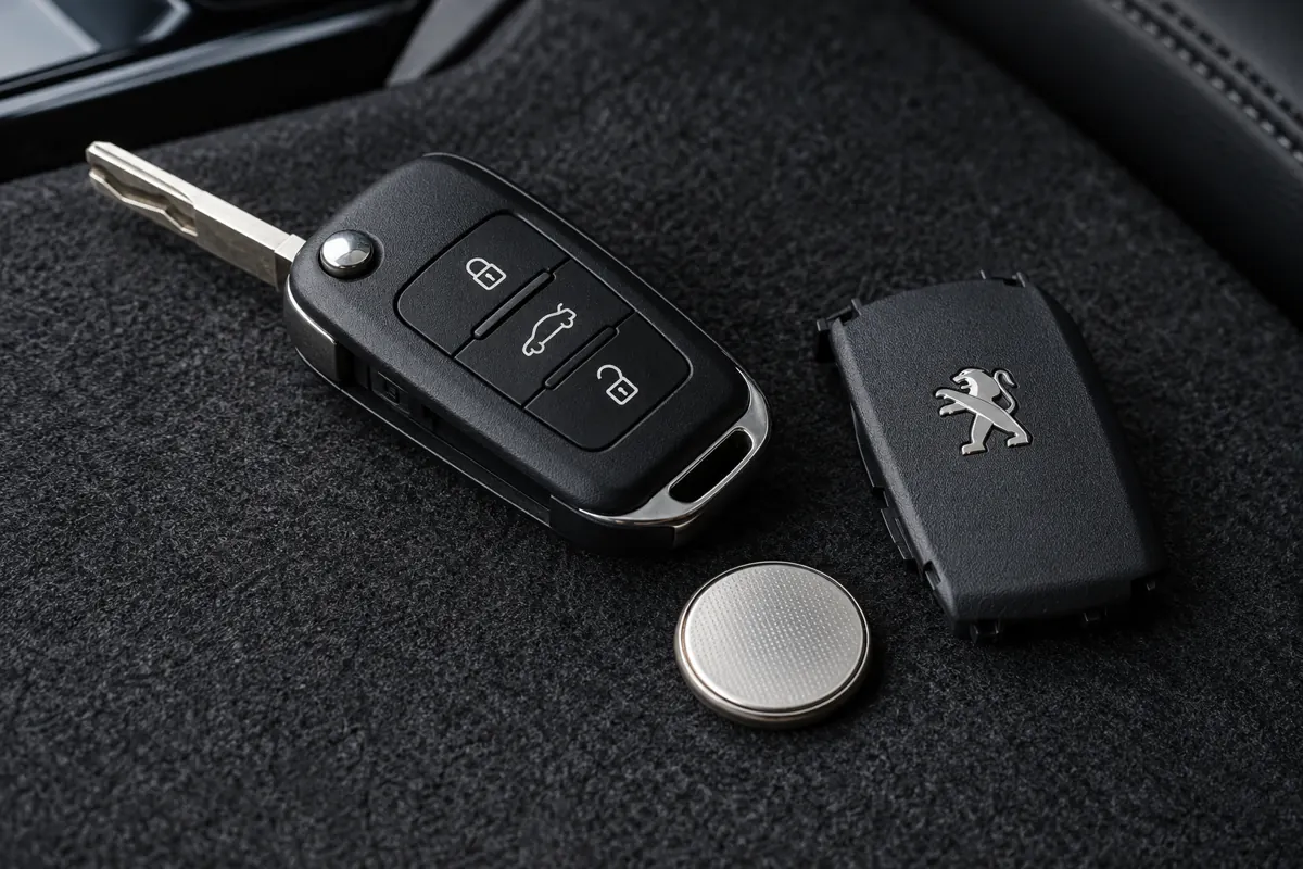 AI illustration of a Peugeot remote key beside a battery cover and coin cell.
