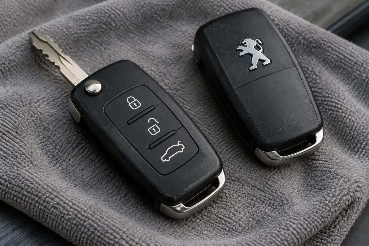 AI illustration showing Peugeot remote-key buttons, blade and a spare key.