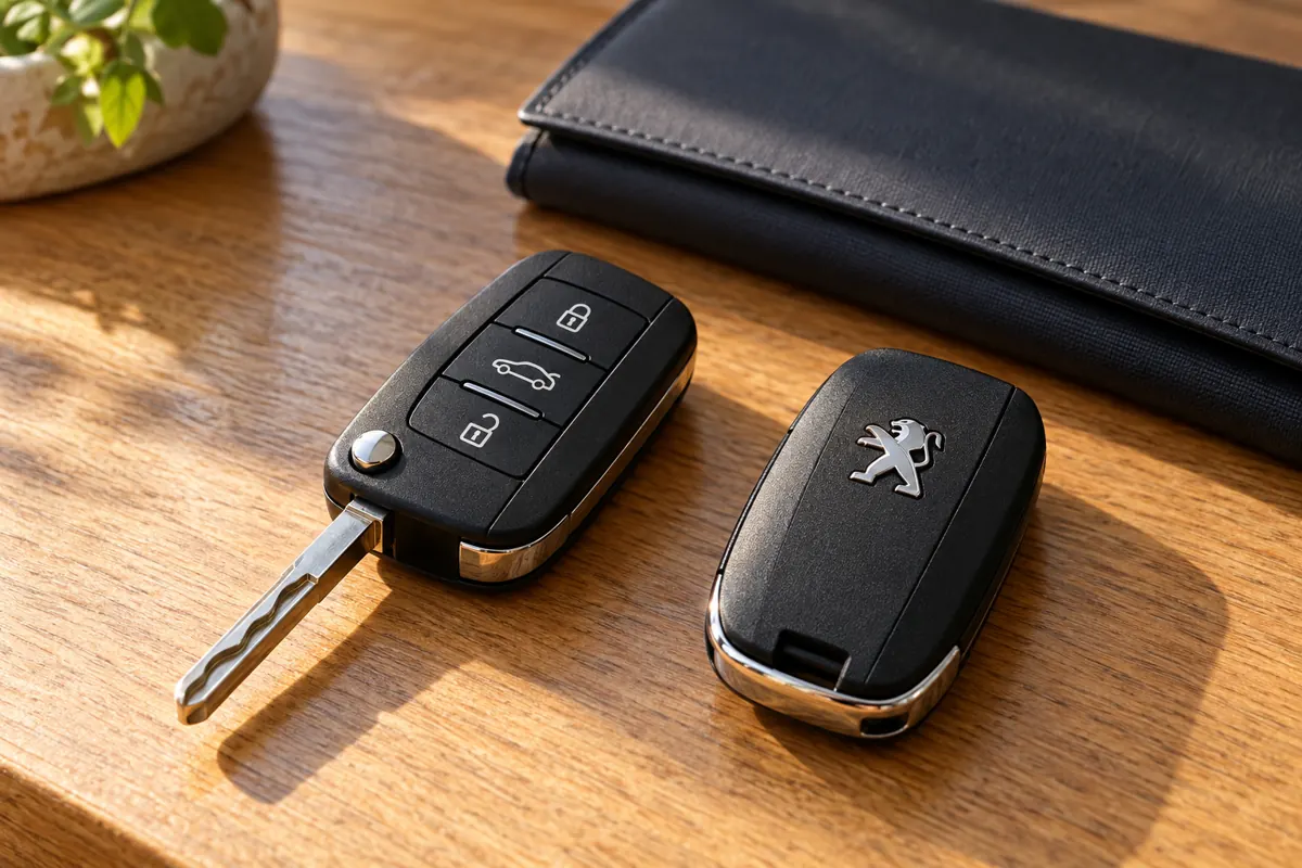 AI illustration of two Peugeot remote keys beside a document wallet.