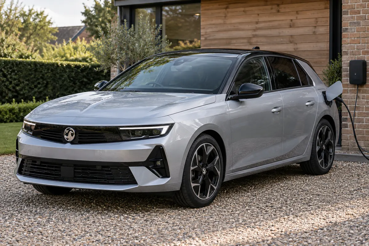 AI illustration of a Vauxhall Astra Electric connected to a home charger.