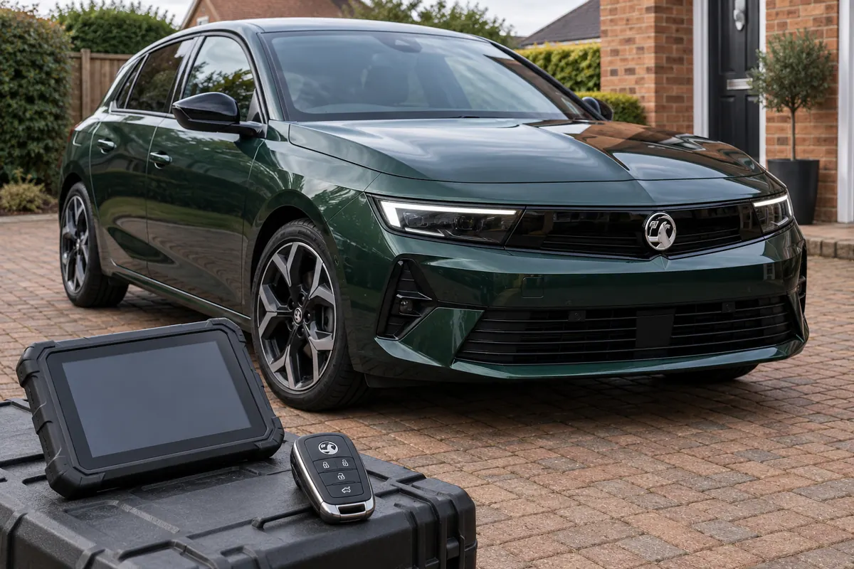 AI illustration of a Vauxhall Astra with a key and diagnostic tablet.