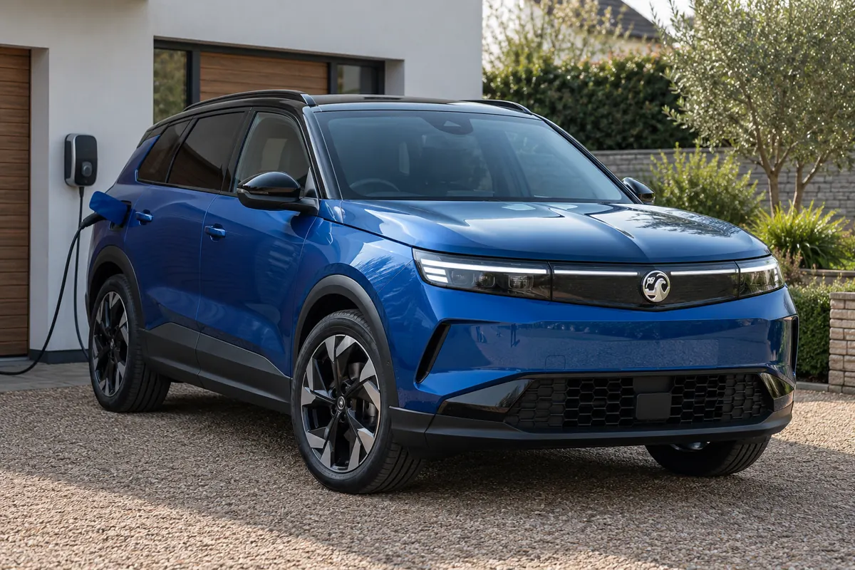 AI illustration of a Vauxhall Grandland Electric connected to a home charger.
