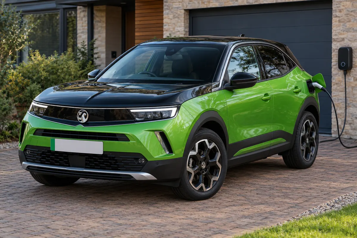 AI illustration of a Vauxhall Mokka Electric connected to a home charger.