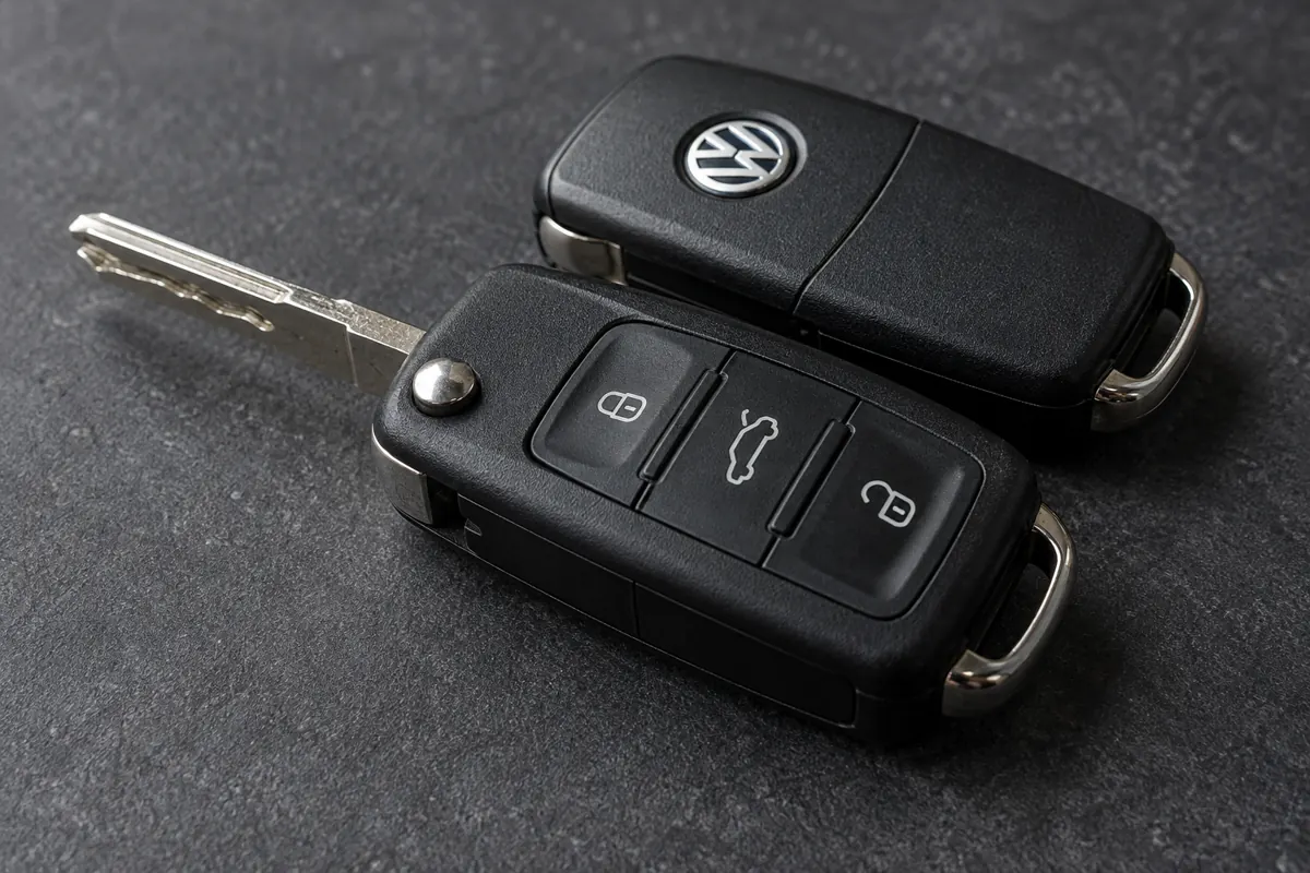 AI illustration showing Volkswagen remote-key buttons, blade and spare key.