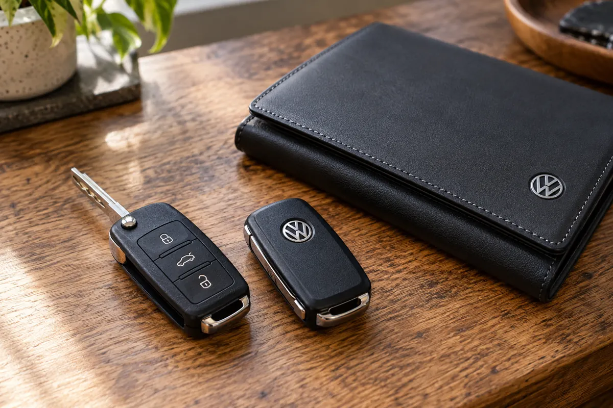 AI illustration of two Volkswagen remote keys beside a document wallet.