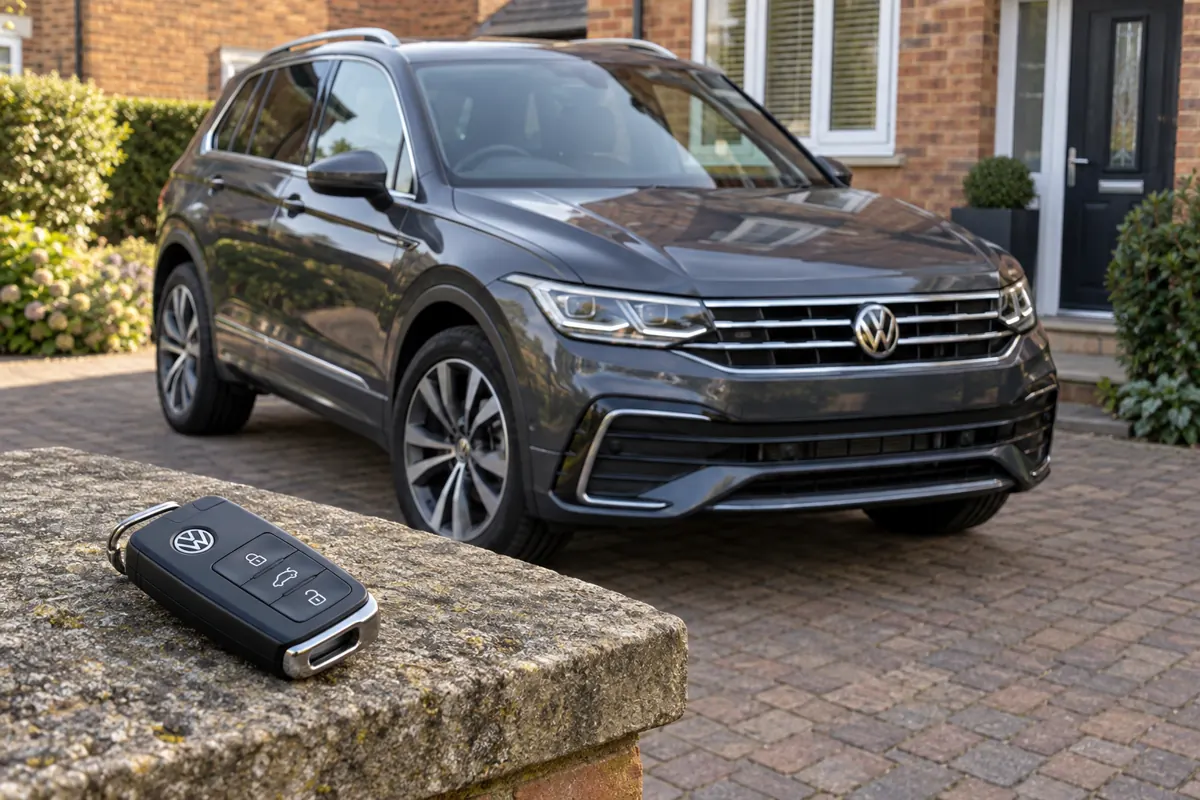 AI illustration of a Volkswagen Tiguan with a VW key on a driveway ledge.