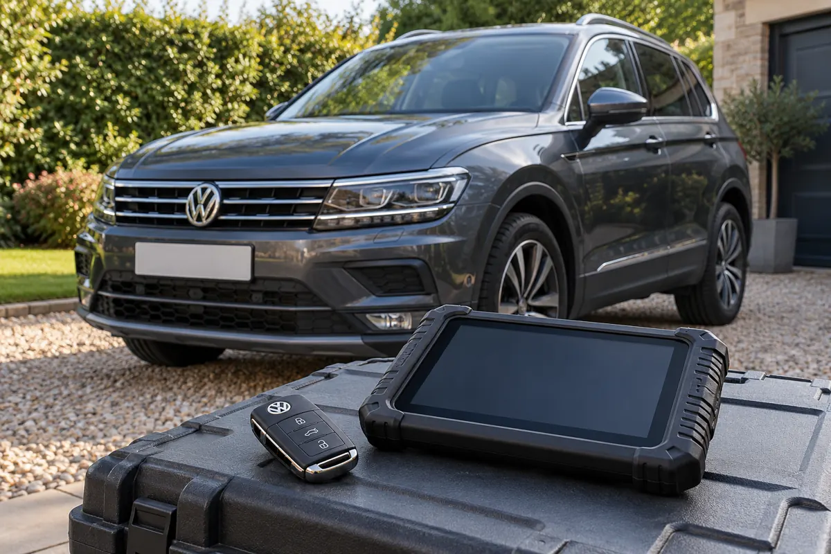 AI illustration of a Volkswagen Tiguan with a VW key and diagnostic tablet.