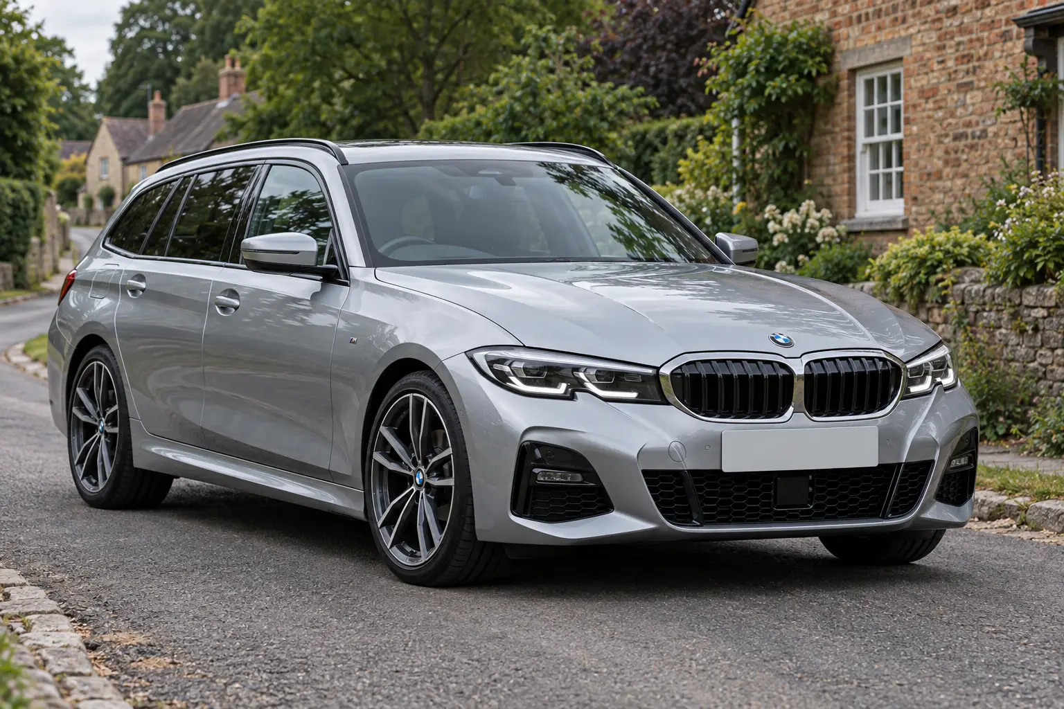 Silver BMW 3 Series estate on an English village road — illustrative concept image