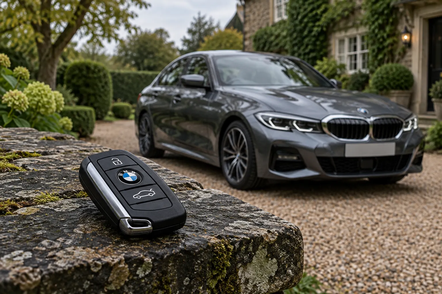BMW car key with vehicle in the background — illustrative concept image