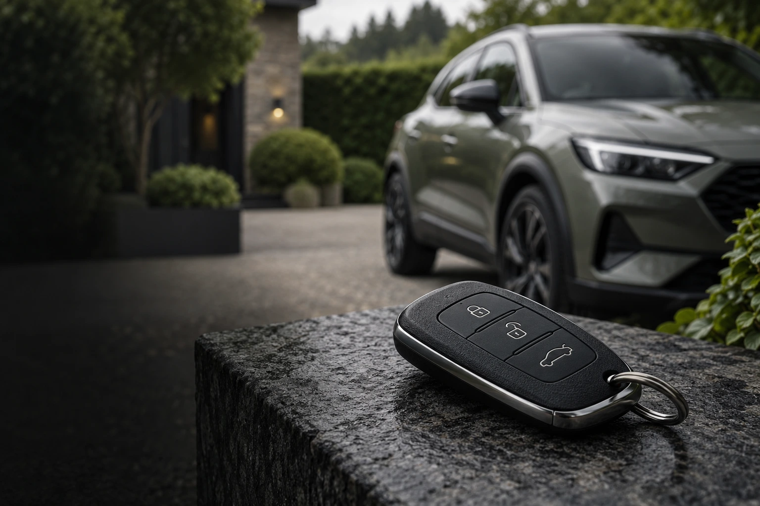 Car key with vehicle in soft focus