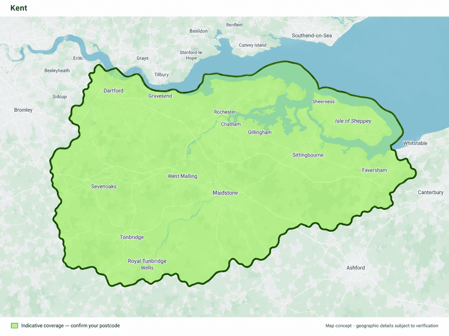 Indicative Kent mobile car key service coverage map. Confirm your postcode when enquiring.