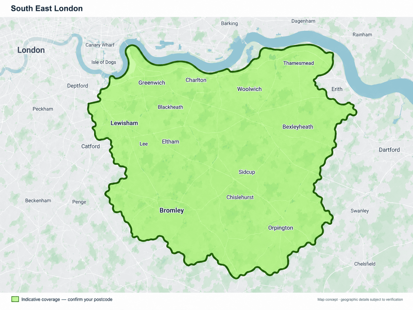 Indicative South East London mobile car key service coverage map. Confirm your postcode when enquiring.