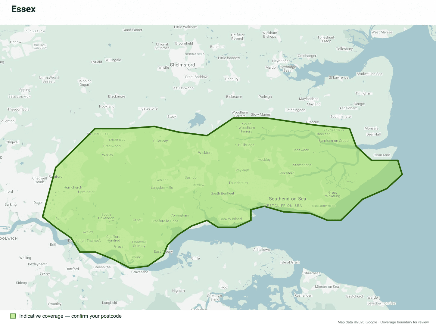 Indicative Essex mobile car key service coverage map. Confirm your postcode when enquiring.