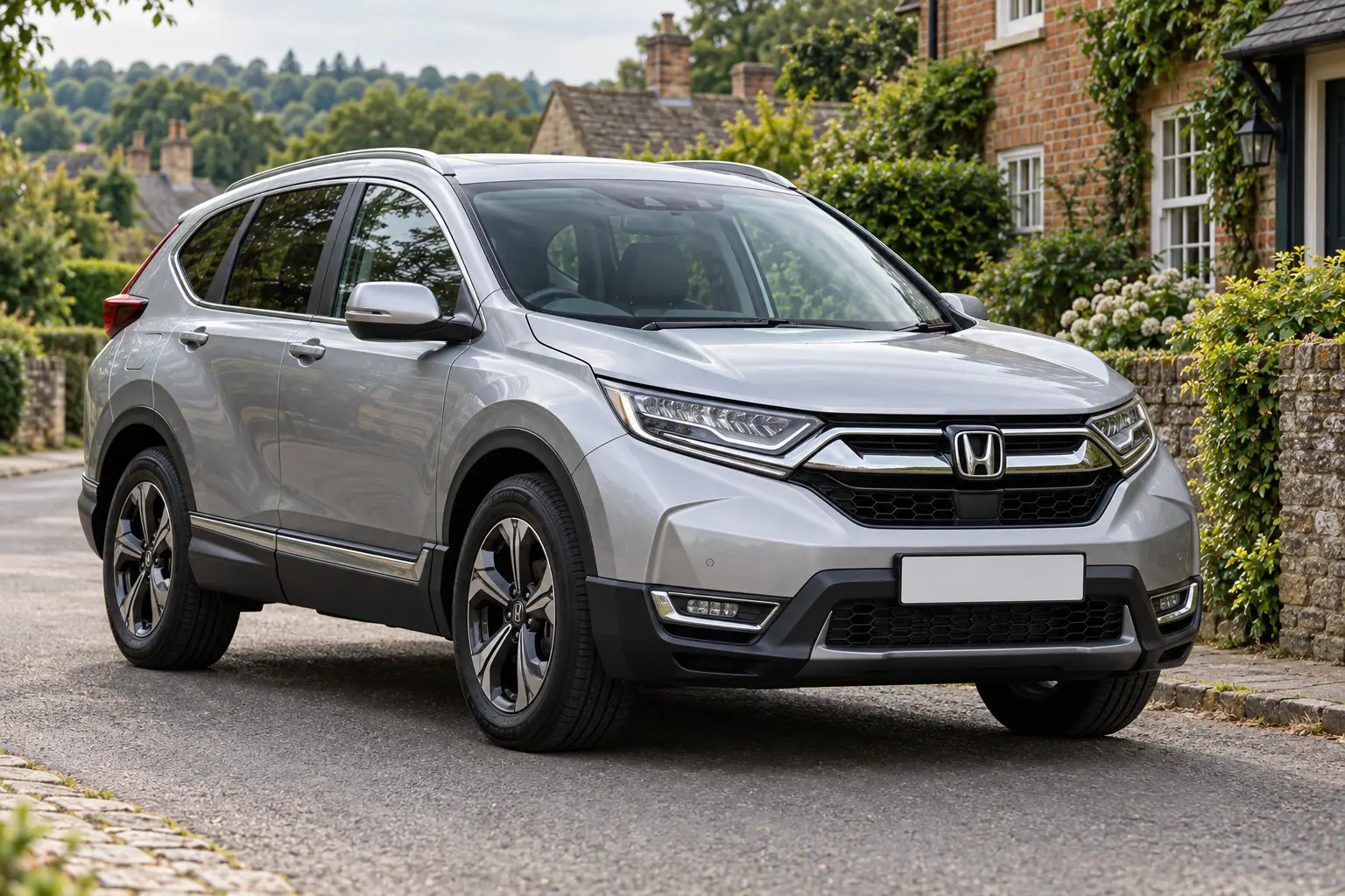 Silver Honda CR-V on an English village road — illustrative concept image