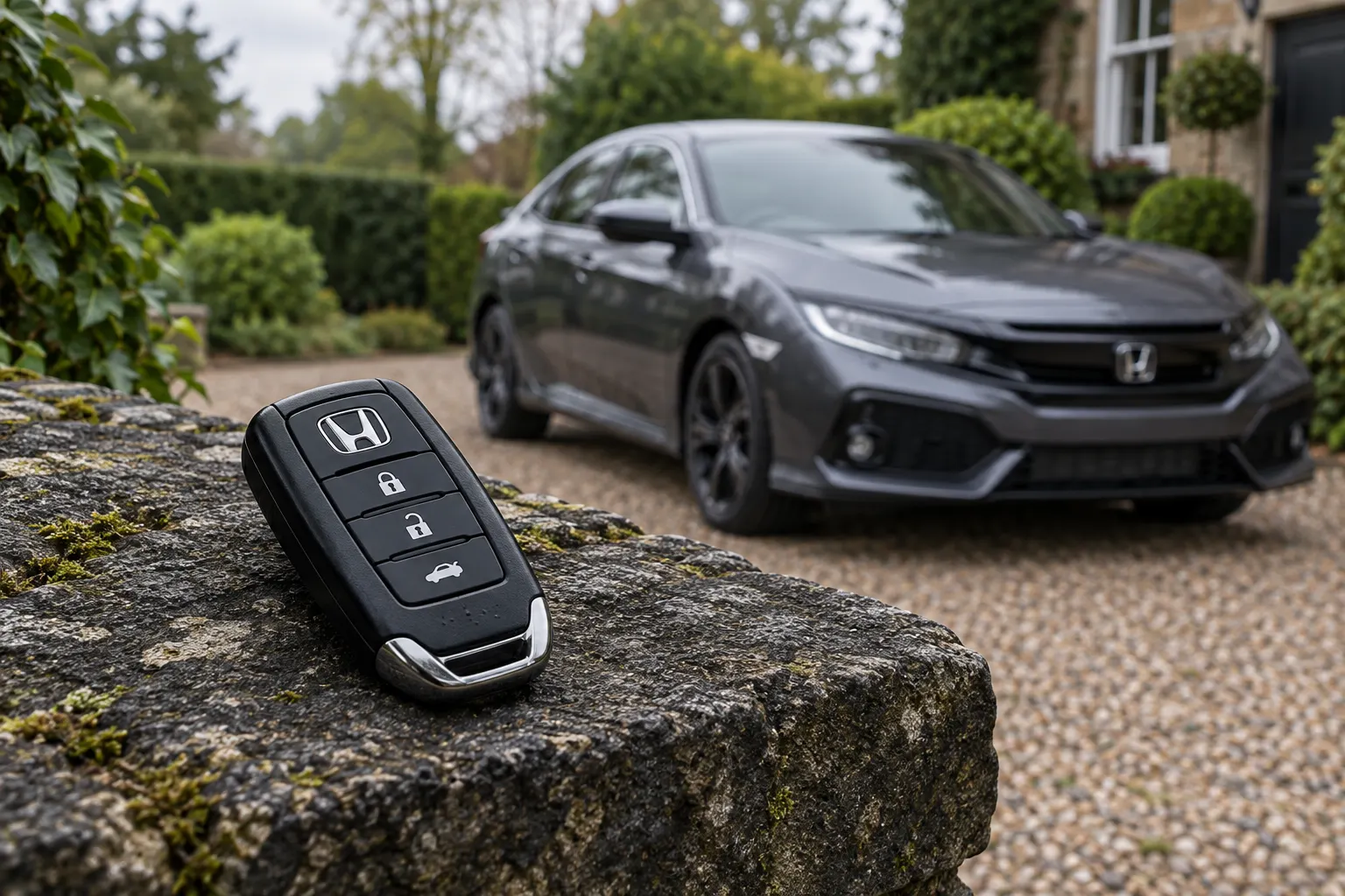 Honda car key with vehicle in the background — illustrative concept image