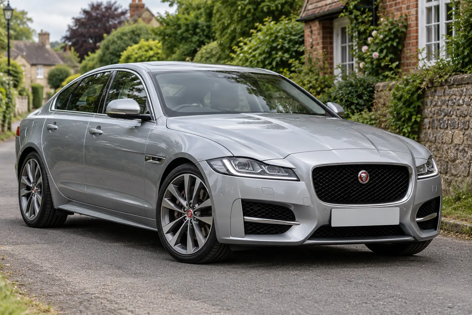 Silver Jaguar XF on an English village road — illustrative concept image