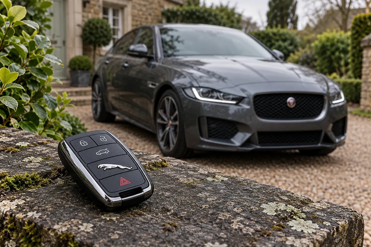 Jaguar car key with vehicle in the background — illustrative concept image