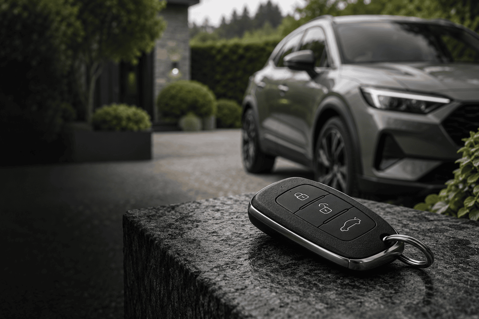 Illustrative car key beside a parked vehicle