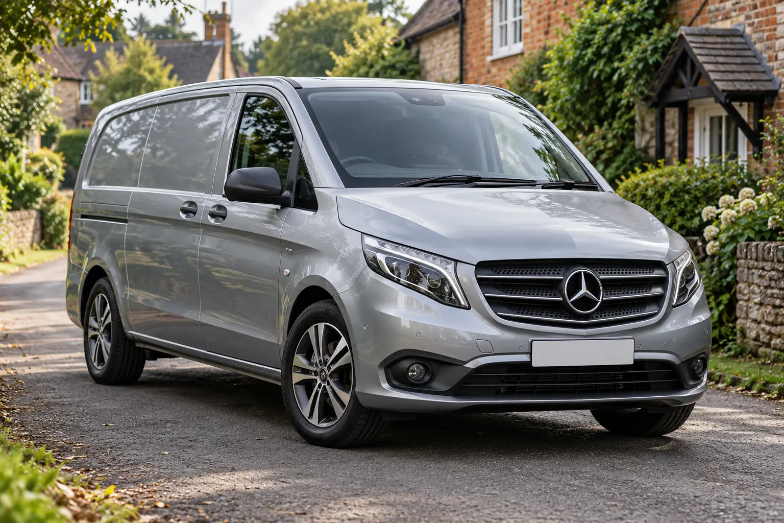 Silver Mercedes Vito van on an English village road — illustrative concept image
