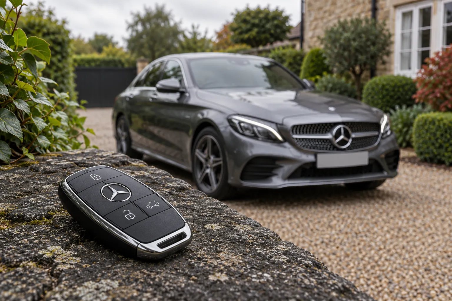 Mercedes car key with vehicle in the background — illustrative concept image