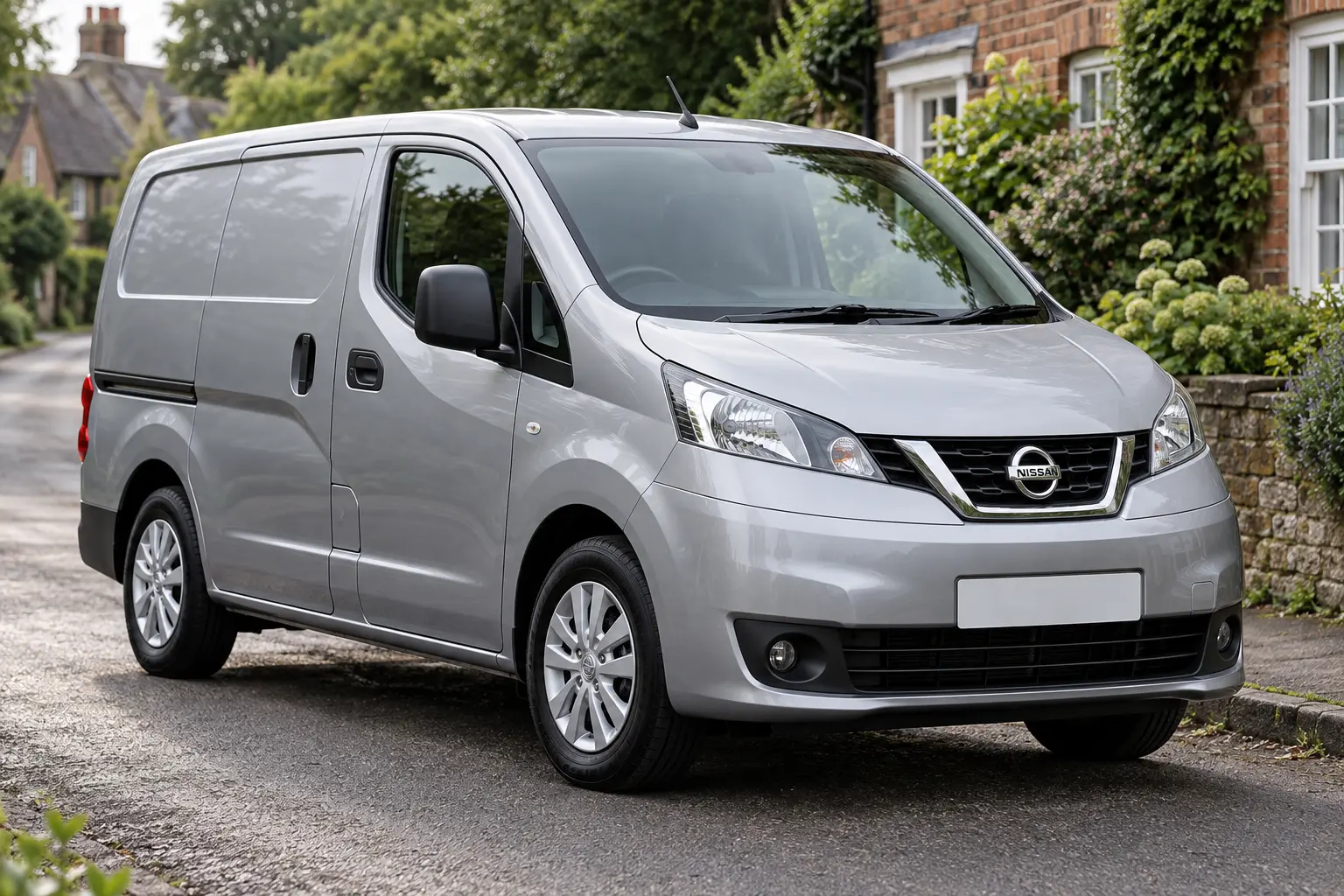 Silver Nissan NV200 van on an English village road — illustrative concept image