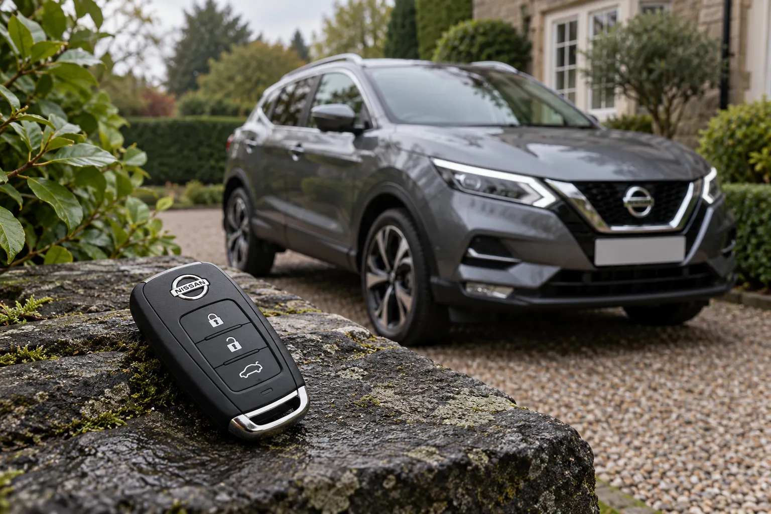 Nissan car key with vehicle in the background — illustrative concept image